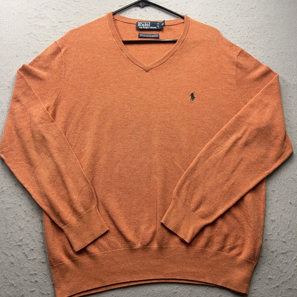 Polo Ralph‎ Lauren Mens Orange V-Neck XL Cashmere Blend Sweater Pullover